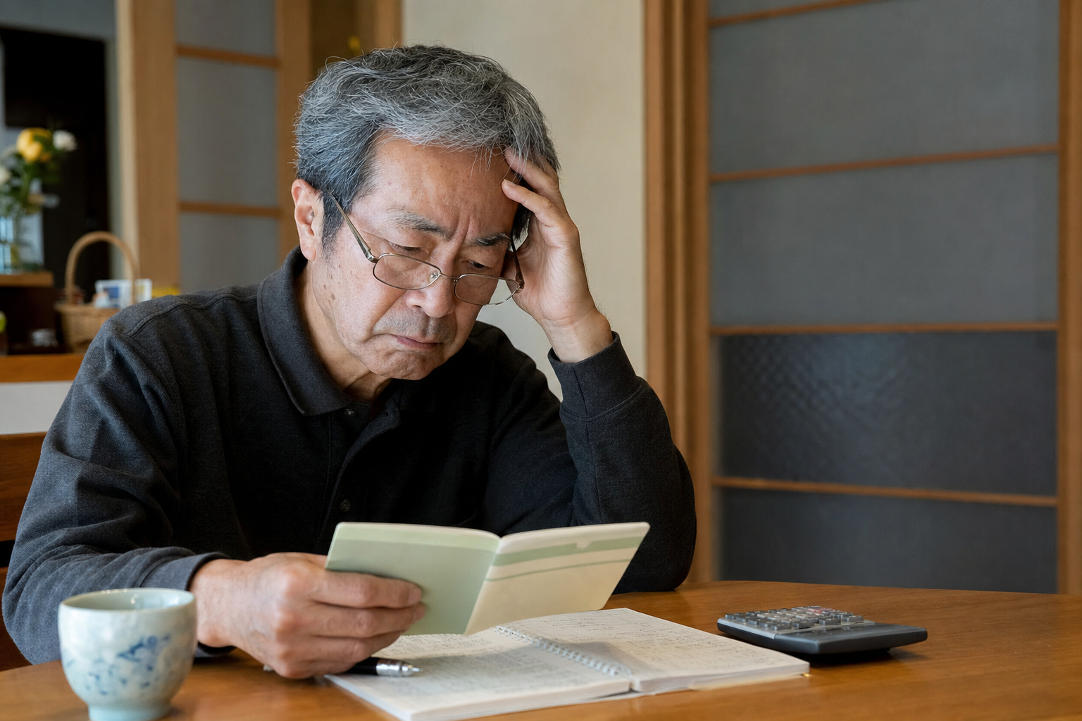 通帳と手書きの台帳を見ながら悩むオーナー